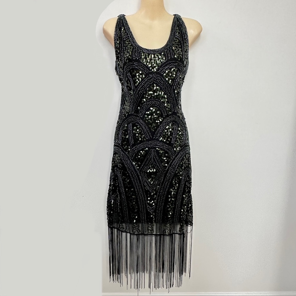 Beaded Black Fringe Midi Dress